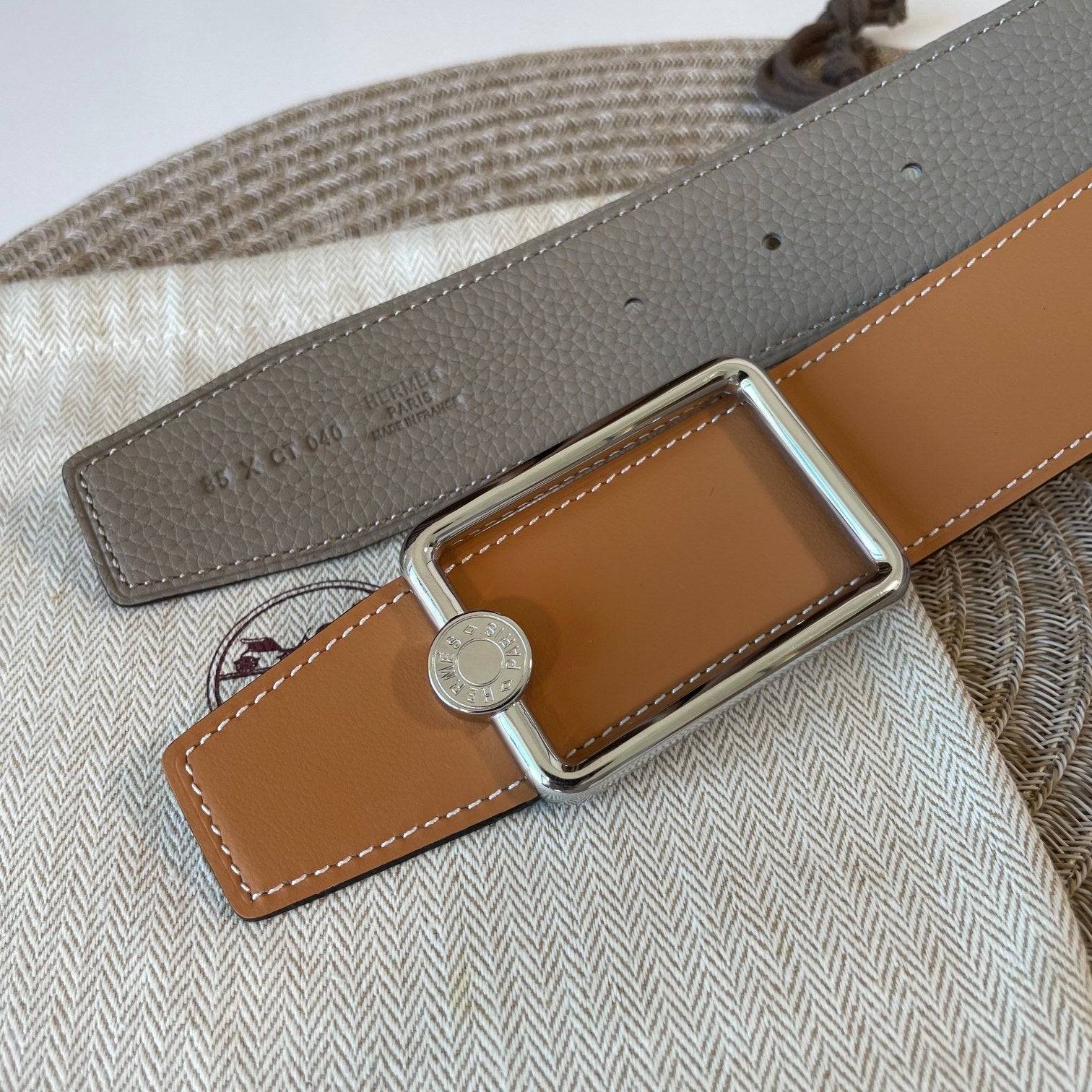 OSCAR BELT BUCKLE & REVERSIBLE KHAKI BROWN AND ORANGE LEATHER STRAP 38MM SILVER HARDWARE