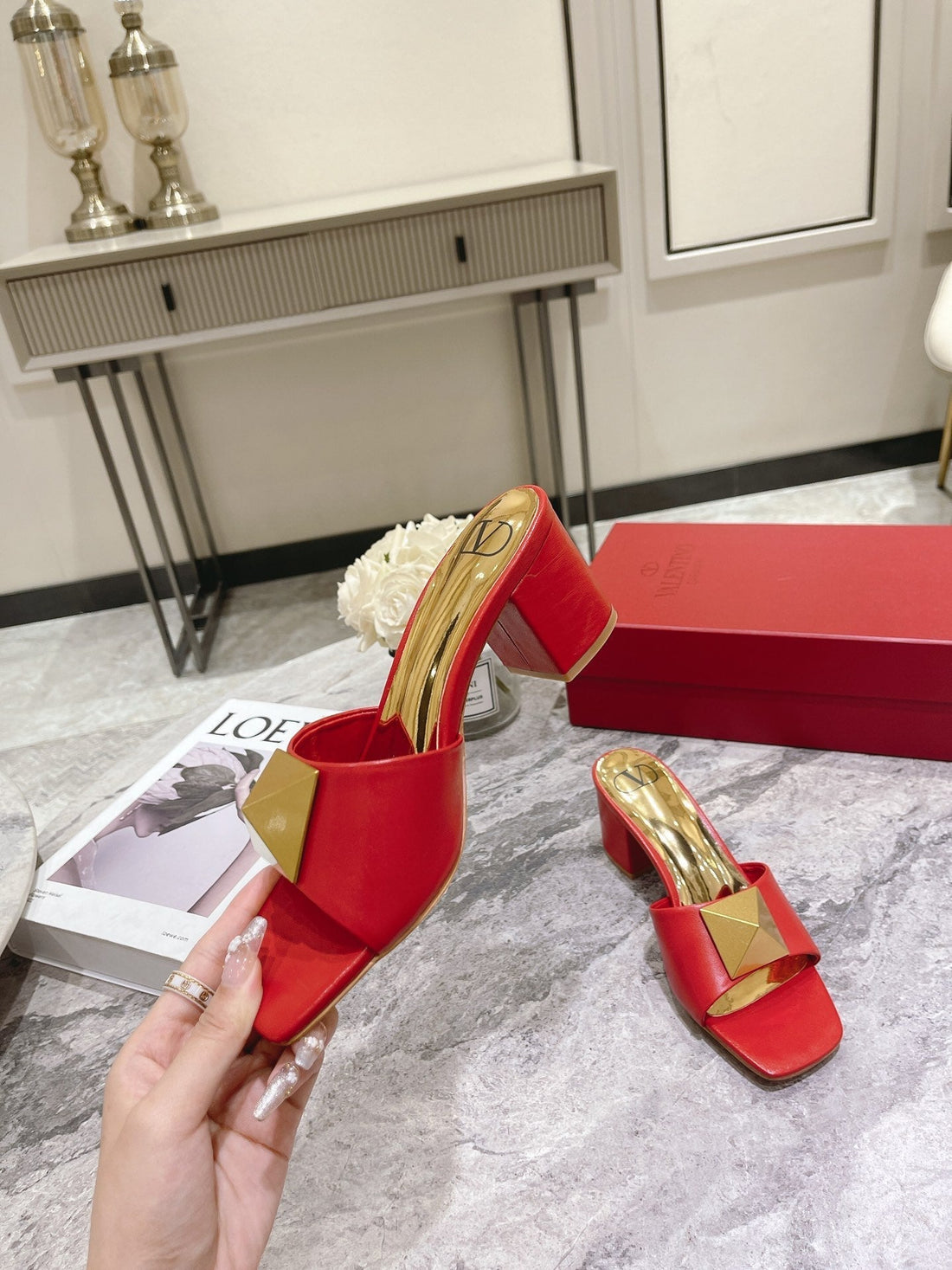 ONE STUD HEELED MULE 60 MM IN CHERRY RED CALFSKIN