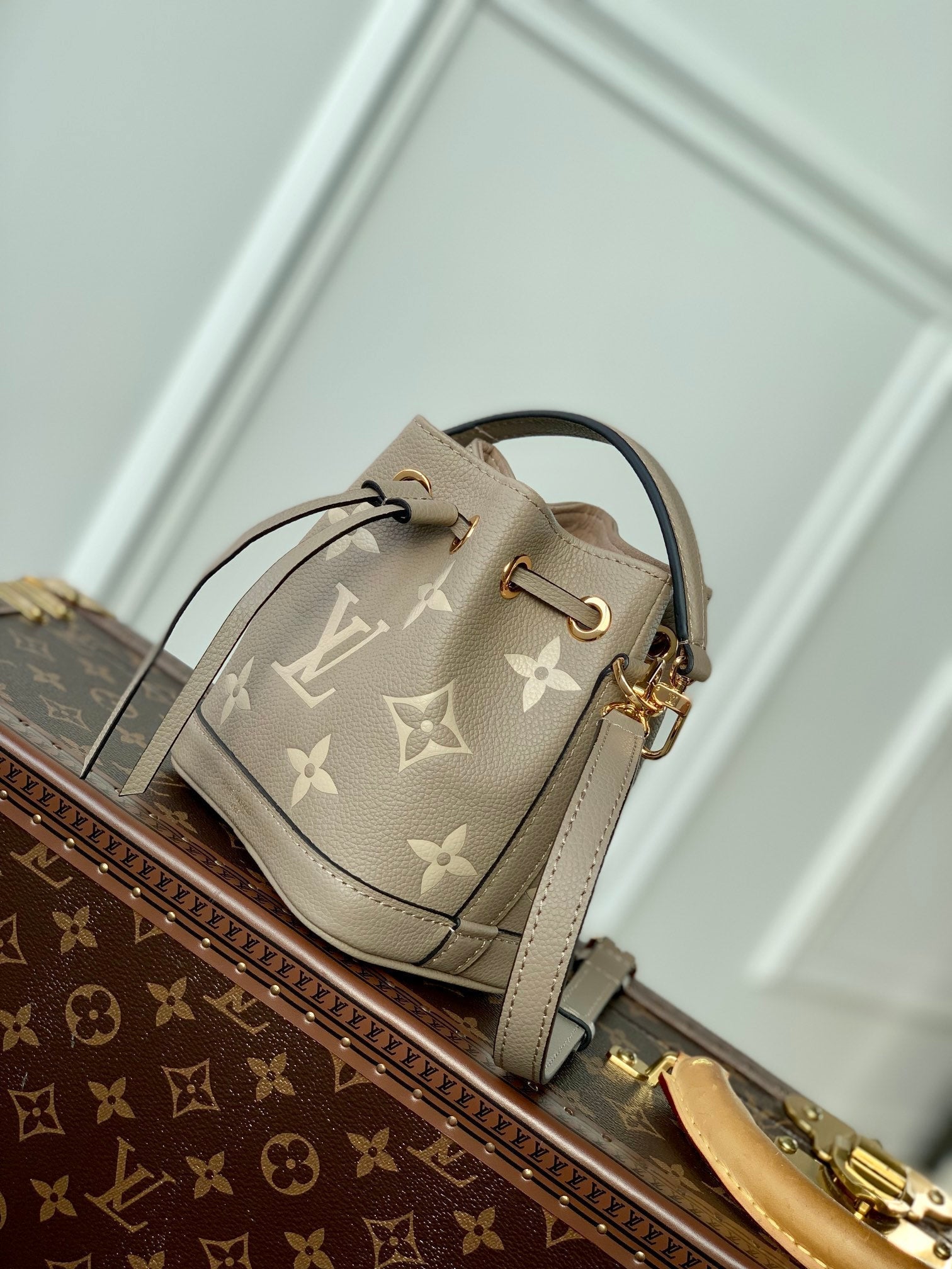 NANO NOÉ 16 IN GREY TOURTERELLE BICOLOR MONOGRAM EMPREINTE CALFSKIN