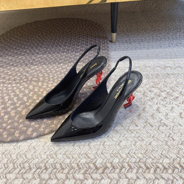 OPYUM RED HEEL SLINGBACK PUMPS IN BLACK GLOSSY CALFSKIN