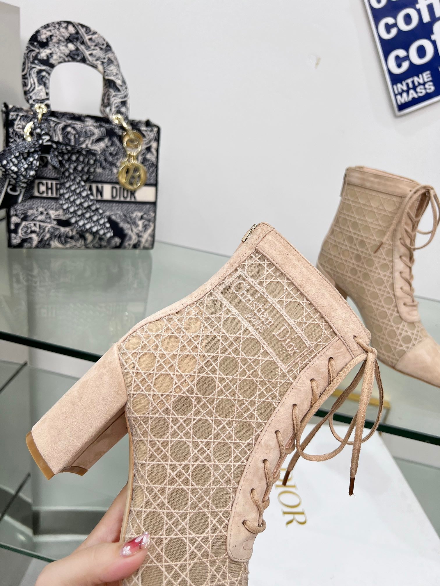 NAUGHTILY-D HEELED ANKLE BOOT IN BISQUE BEIGE CANNAGE MOTIF MESH AND SUEDE 8 CM