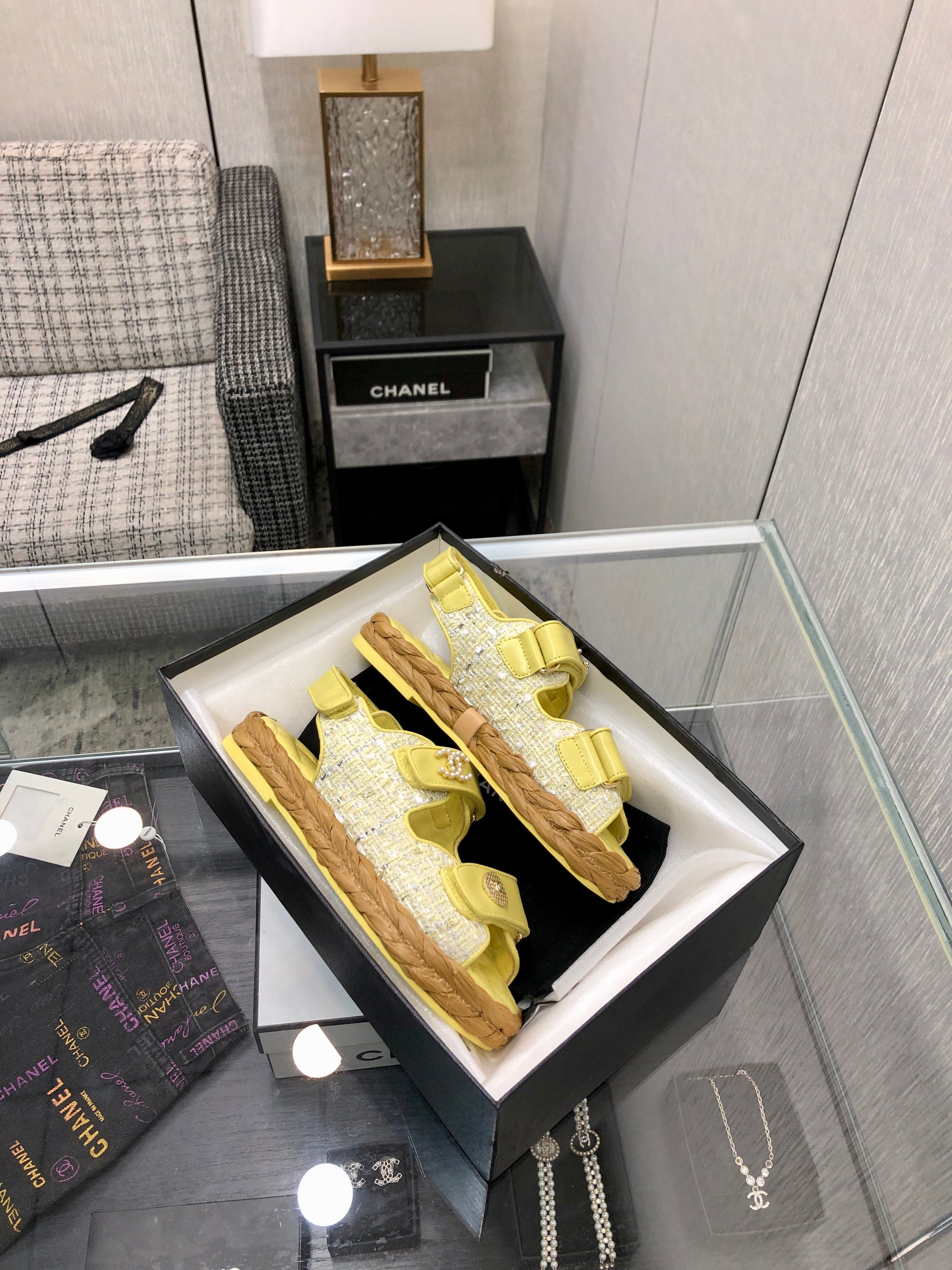 VELCRO SANDALS IN LIGHT YELLOW LAMBSKIN AND TWEED FABRIC