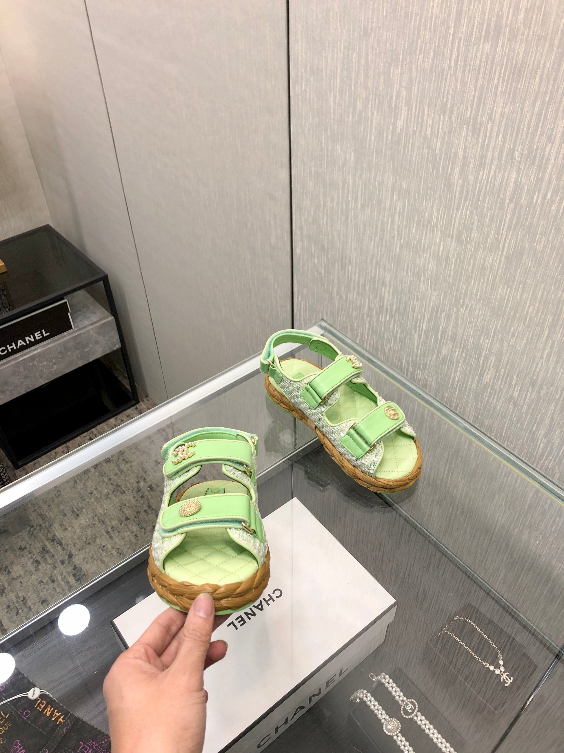 VELCRO SANDALS IN GREEN PASTEL LAMBSKIN AND TWEED FABRIC