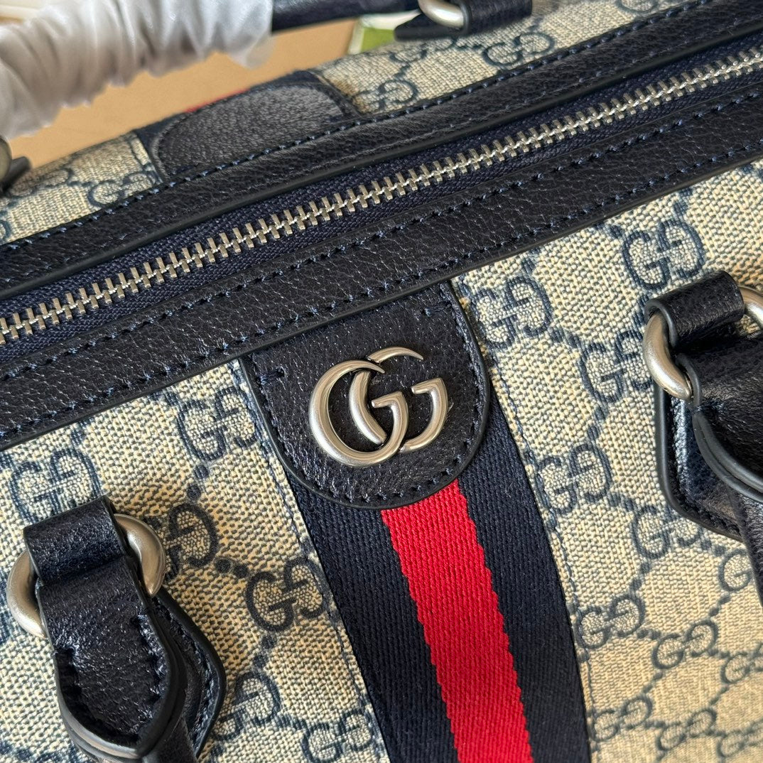 OPHIDIA LARGE BOSTON BAG 31 IN BEIGE AND BLUE GG CALFSKIN