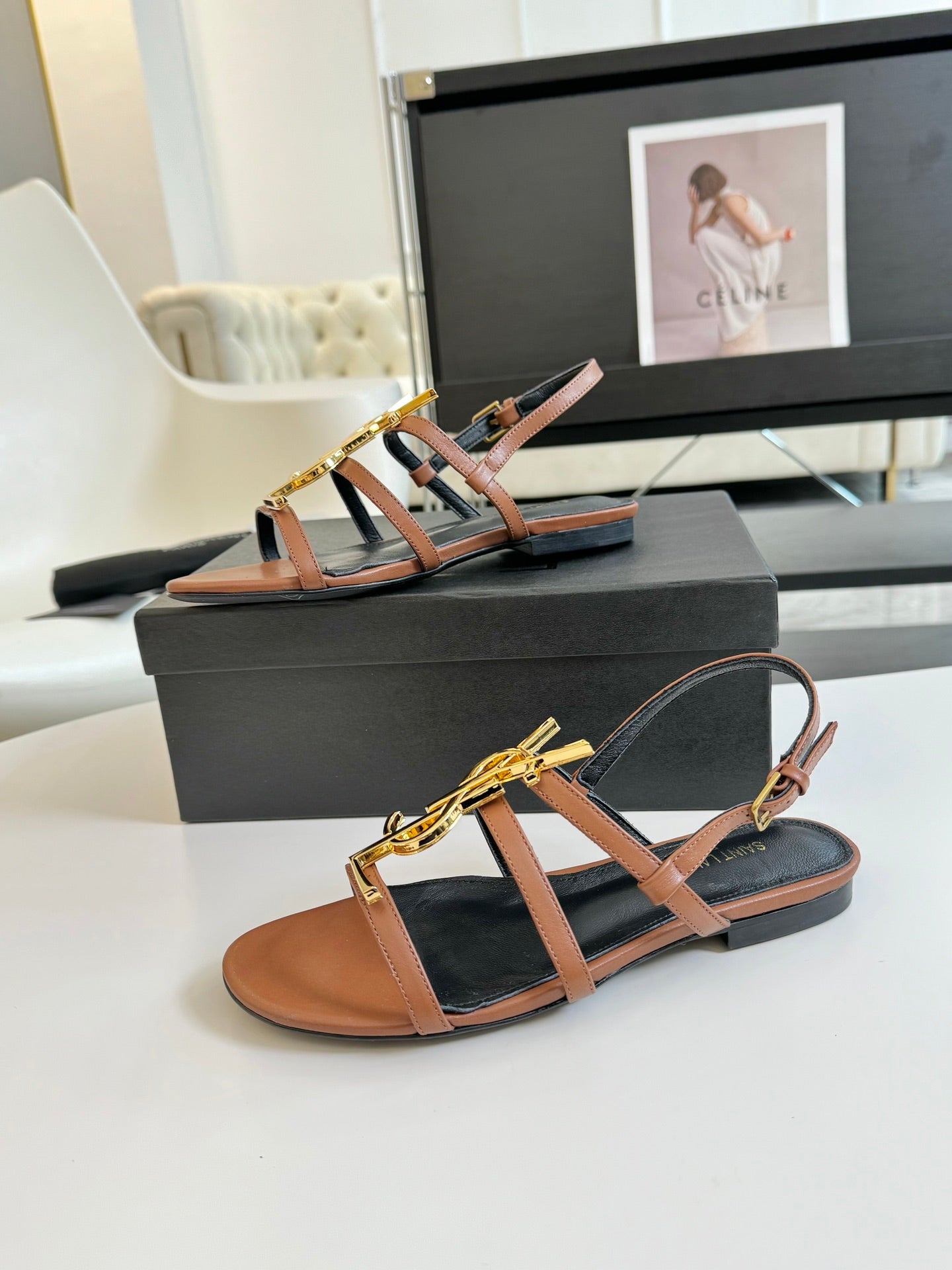 Yves SL Buckle Women Sandals Black Tan Leather