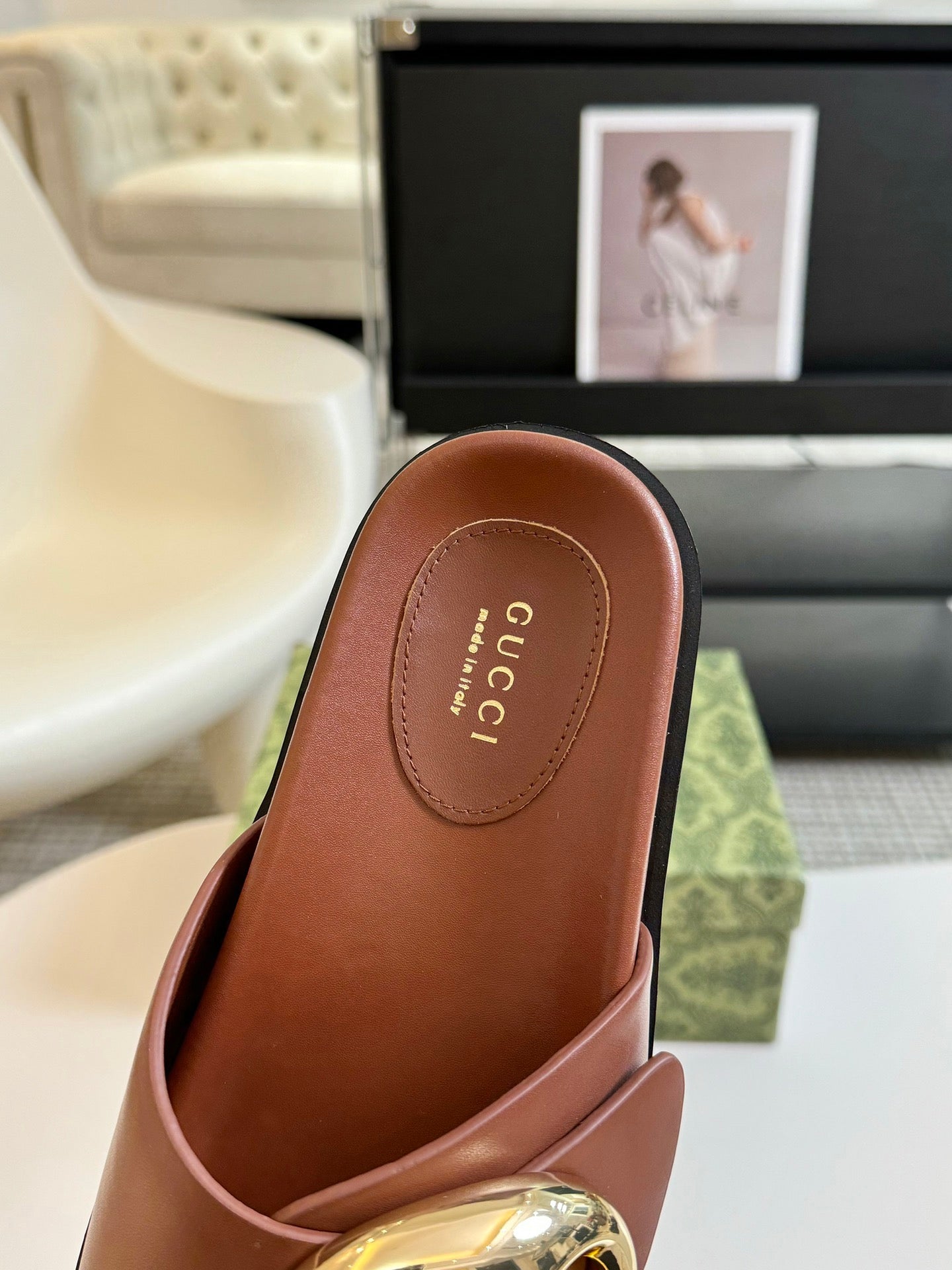 WOMEN'S SLIPPER IN BRONZE BROWN CALFSKIN WITH GOLD HARDWARE