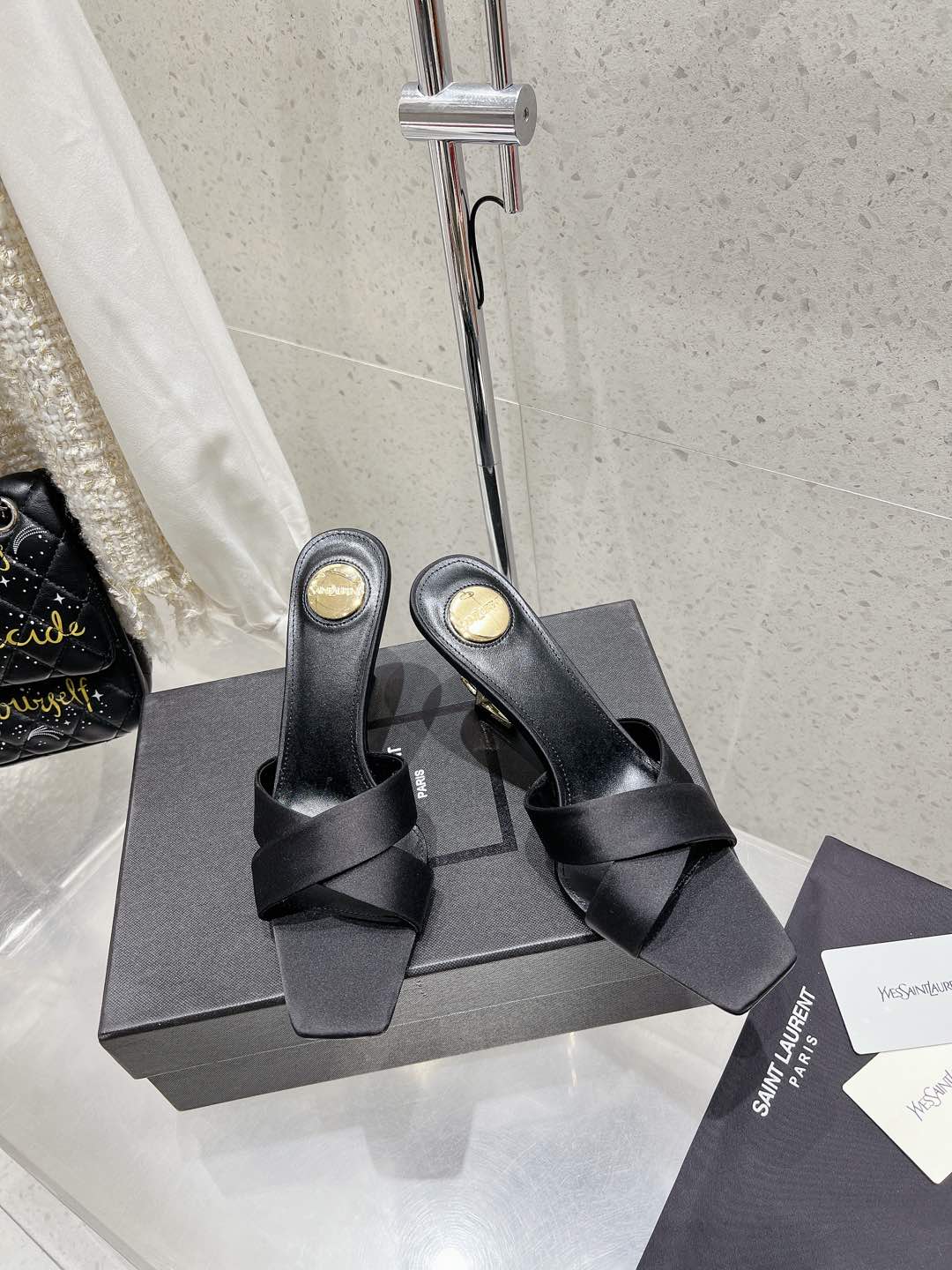 OPYUM HIGH MULES 85 MM IN BLACK SATIN CREPE