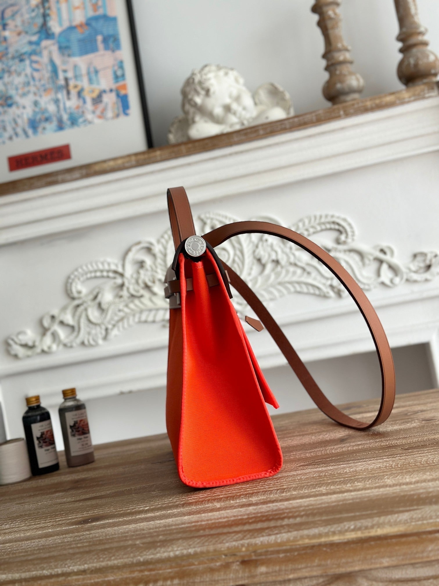 ZIP CABINE 31 BAG IN FIRE ORANGE CANVAS AND BRONZE BROWN CALFSKIN