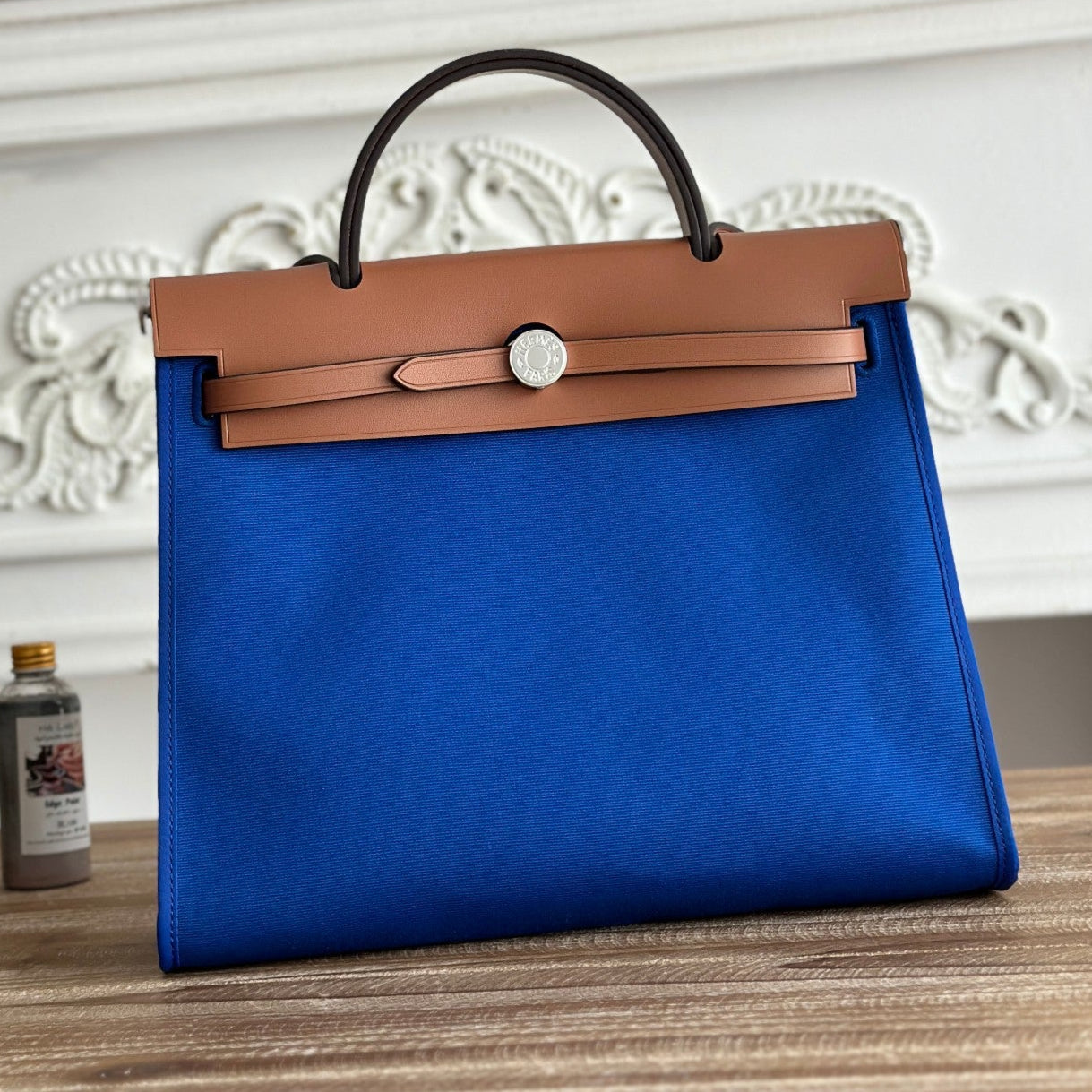 ZIP CABINE 31 BAG IN COBALT BLUE CANVAS AND BRONZE BROWN CALFSKIN