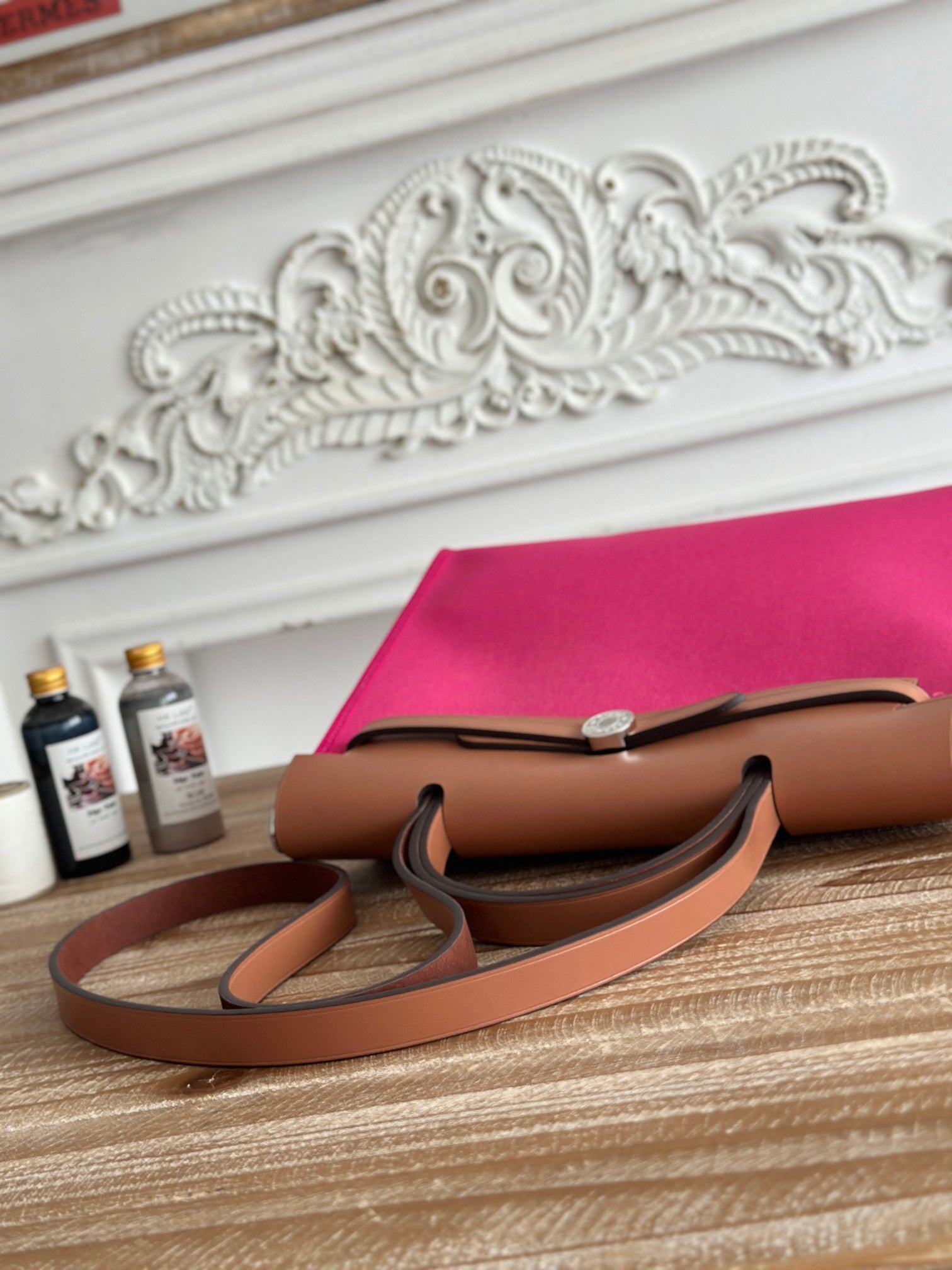 ZIP CABINE 31 BAG IN FUCHSIA PINK CANVAS AND BRONZE BROWN CALFSKIN