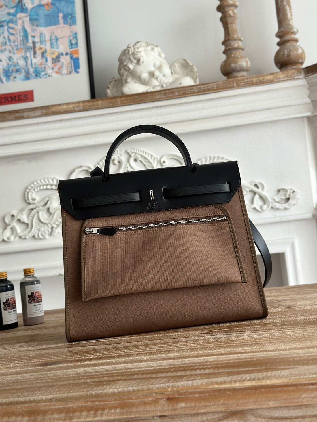 ZIP CABINE 31 BAG IN CHOCOLATE BROWN CANVAS AND BLACK CALFSKIN