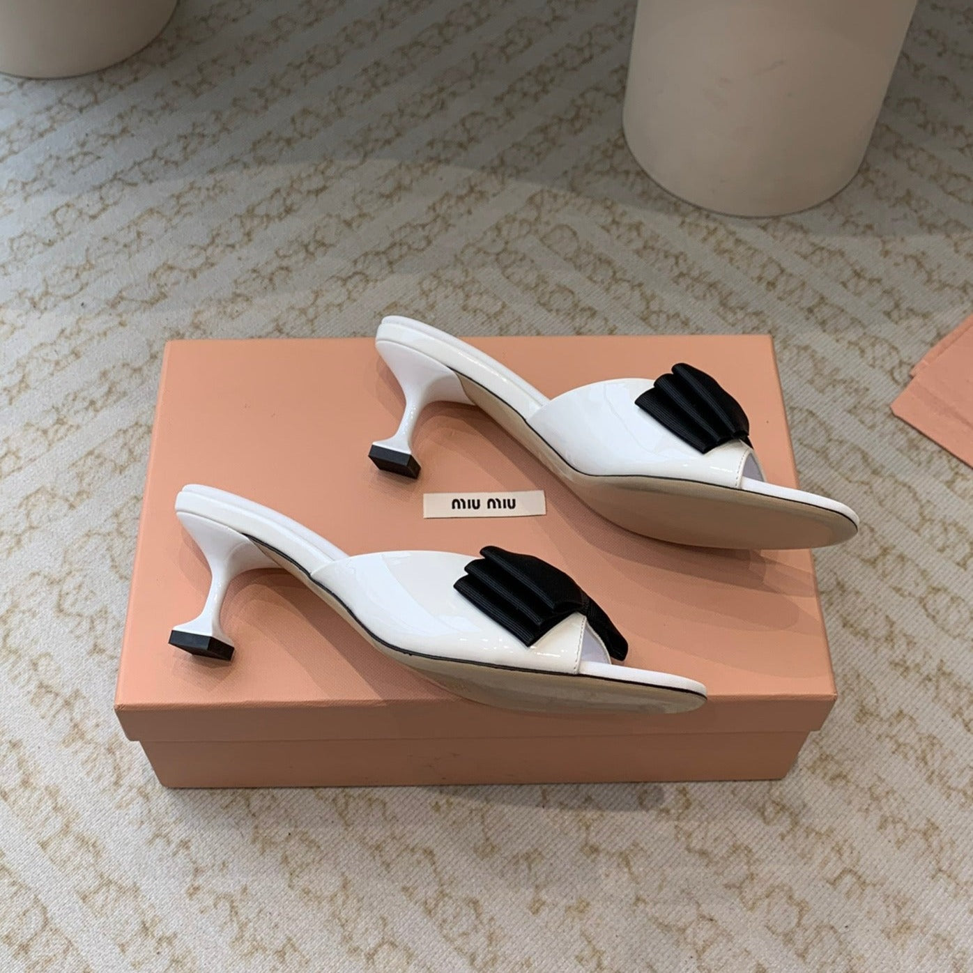 White Mid - Heels With Black Bow Calfskin