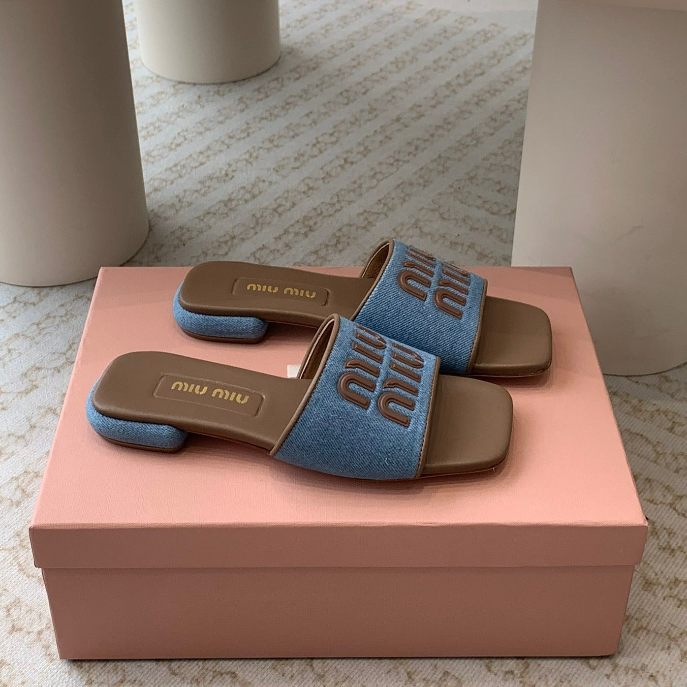 Women's Caramel Denim Slippers With Azure Blue Straps