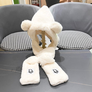 PLUSH WARM HAT IN WHITE RABBIT FUR WITH FOX EARS 439587