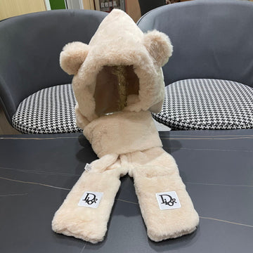 PLUSH WARM HAT IN BEIGE RABBIT FUR WITH FOX EARS 439588