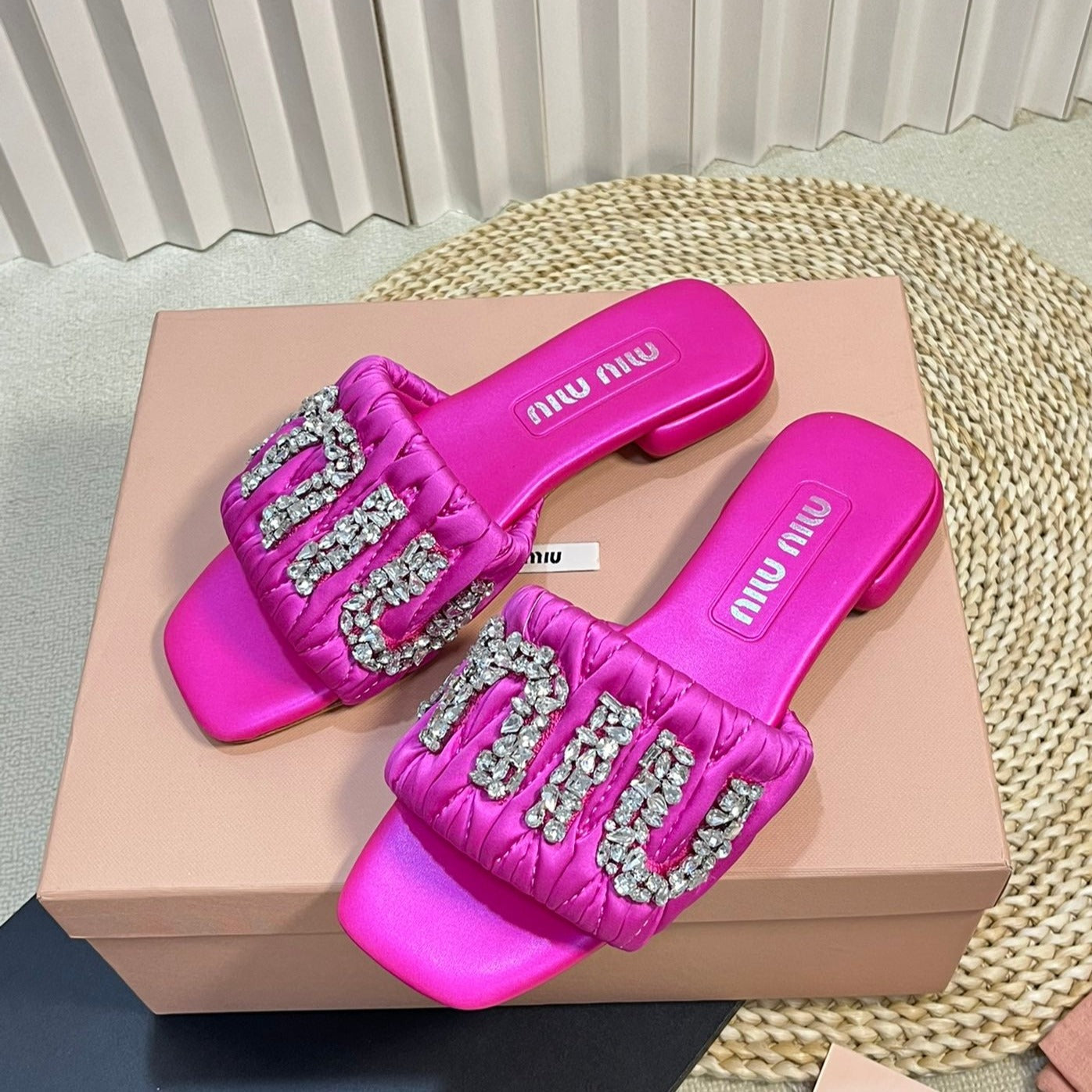 Women's Bright Pink Leather Diamond Slippers
