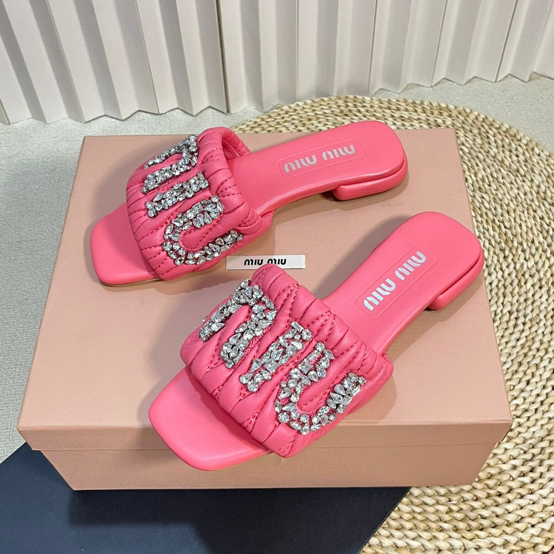 Women's Neon Pink Leather Diamond Slippers