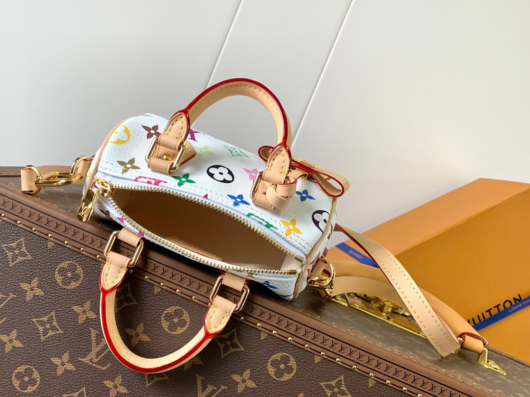 NANO SPEEDY BAG 16 IN COLORFUL MONOGRAM PATTERN AND WHITE COATED CANVAS