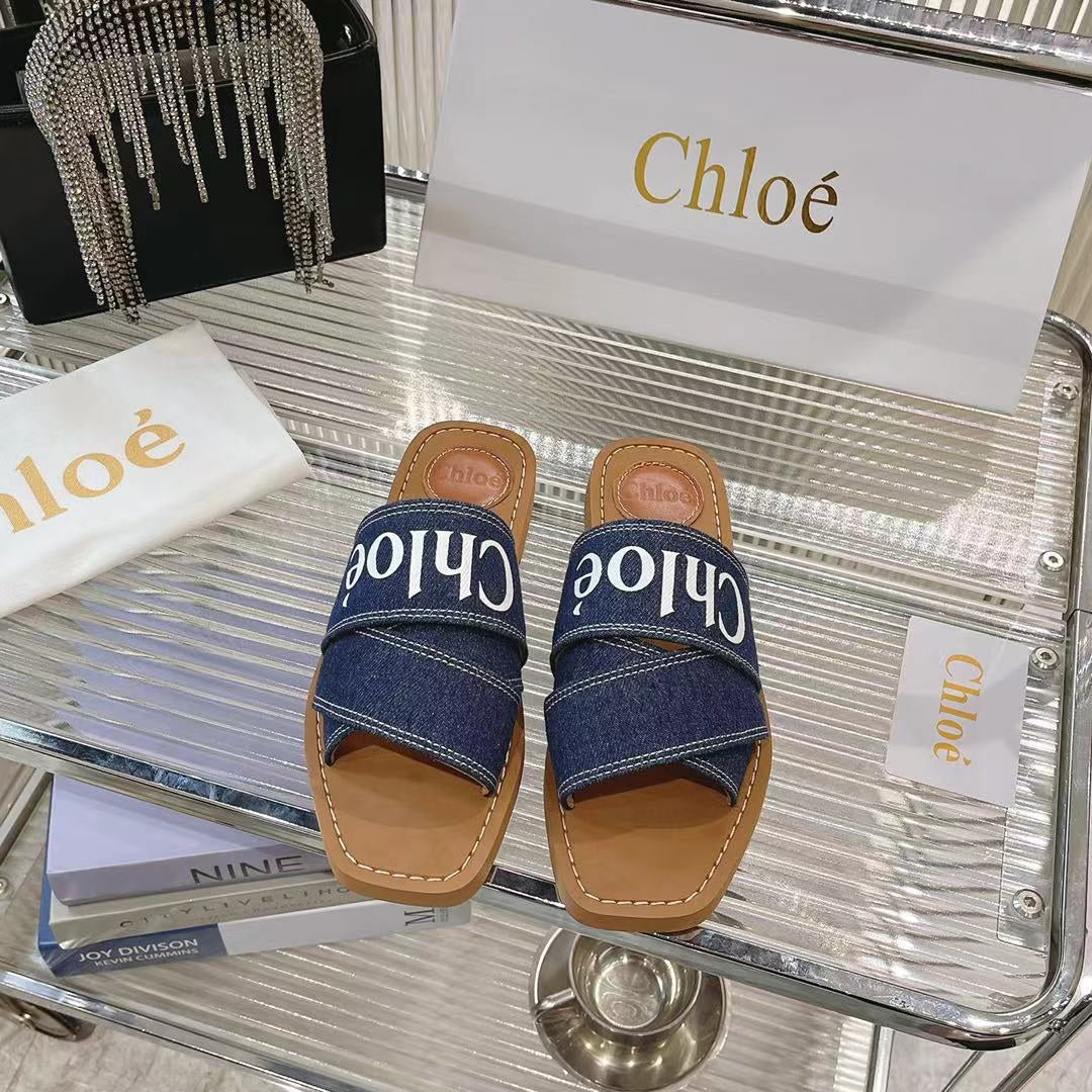WOODY MULE IN NAVY BLUE DENIM WITH WHITE LOGO