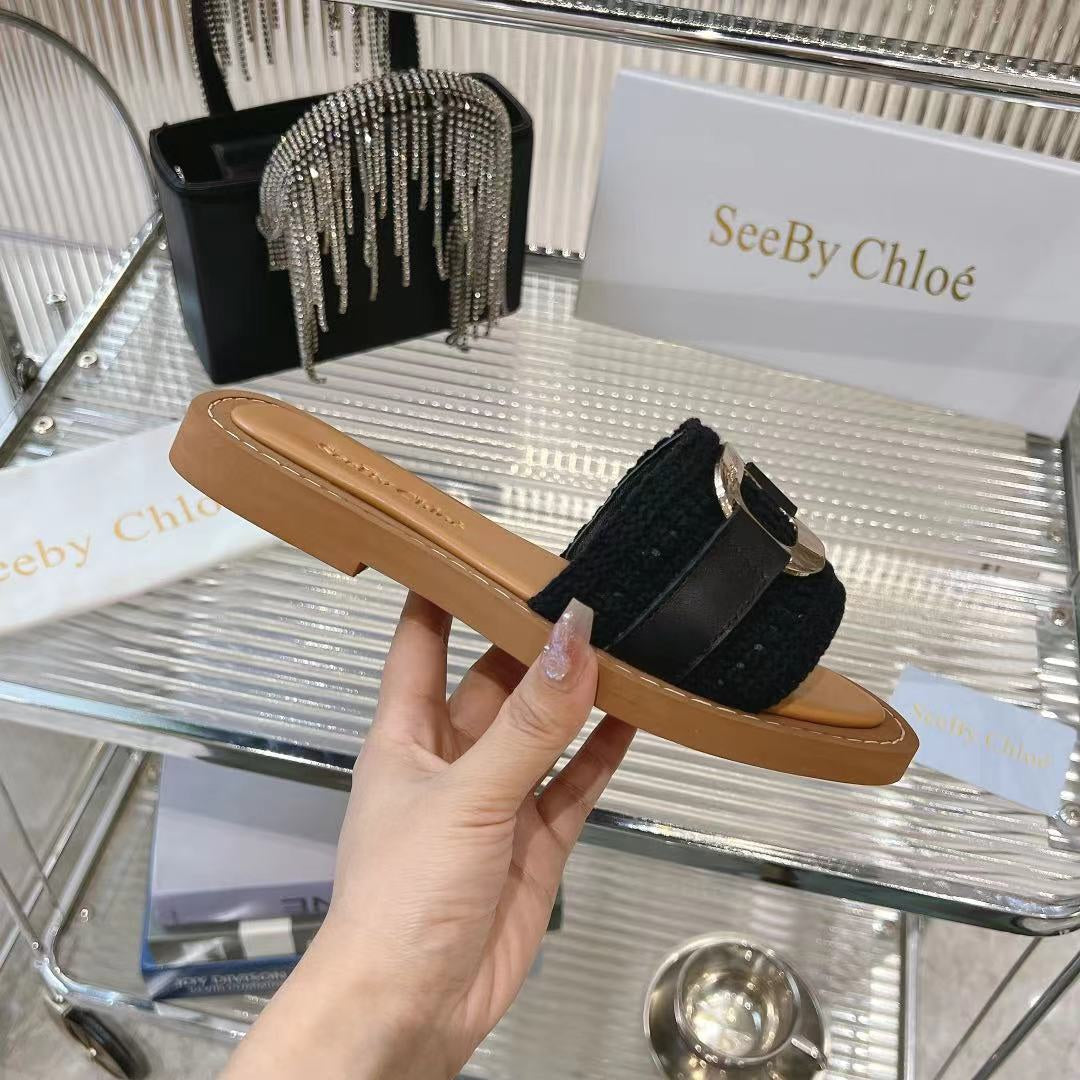 WOVEN SLIDE MULE IN BLACK WOOL AND BROWN LAMBSKIN GOLD HARDWARE