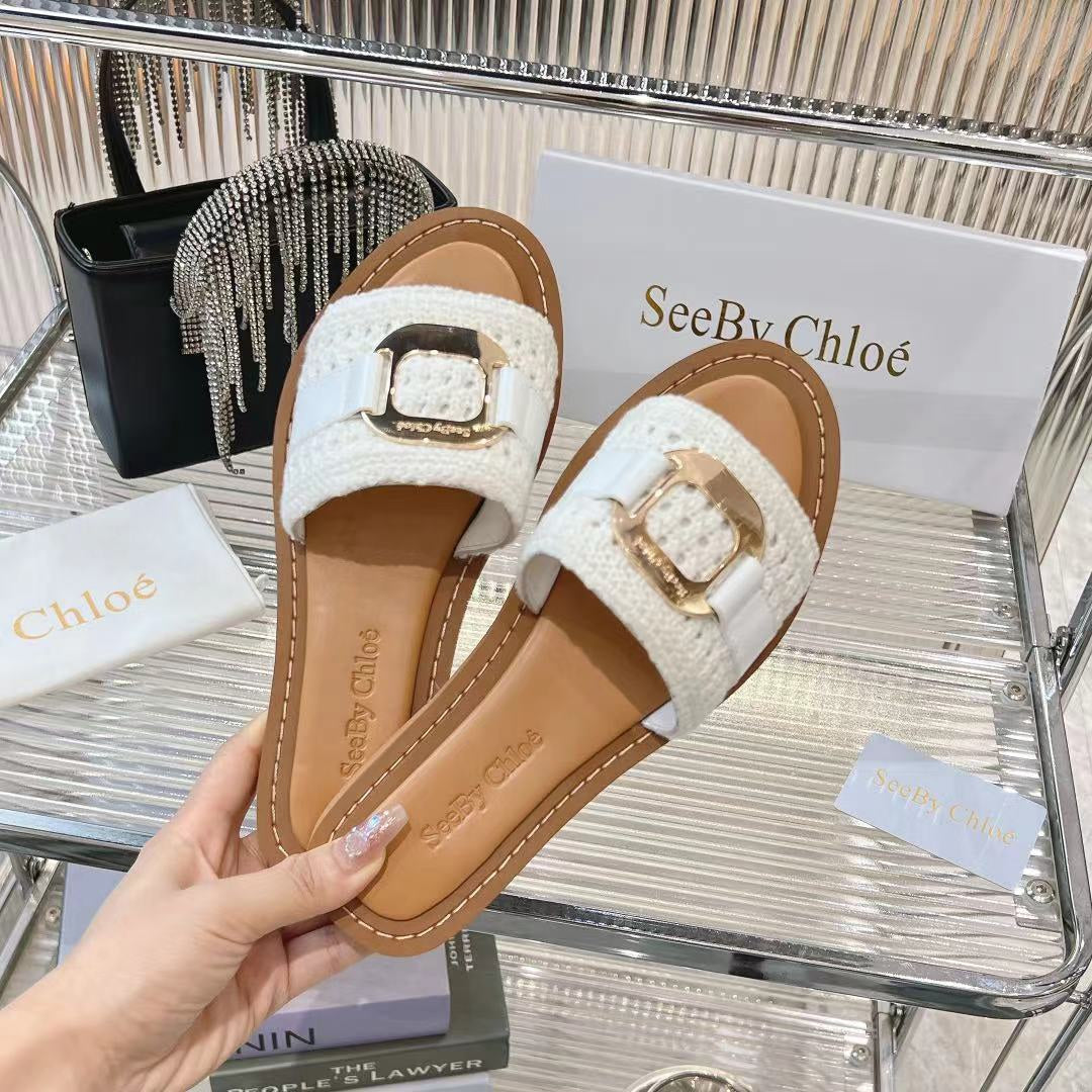 WOVEN SLIDE MULE IN WHITE WOOL AND BROWN LAMBSKIN GOLD HARDWARE