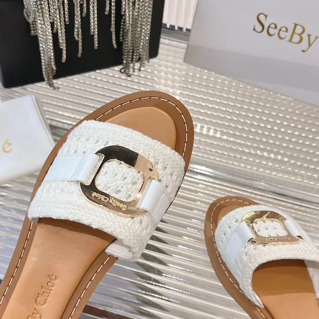 WOVEN SLIDE MULE IN WHITE WOOL AND BROWN LAMBSKIN GOLD HARDWARE