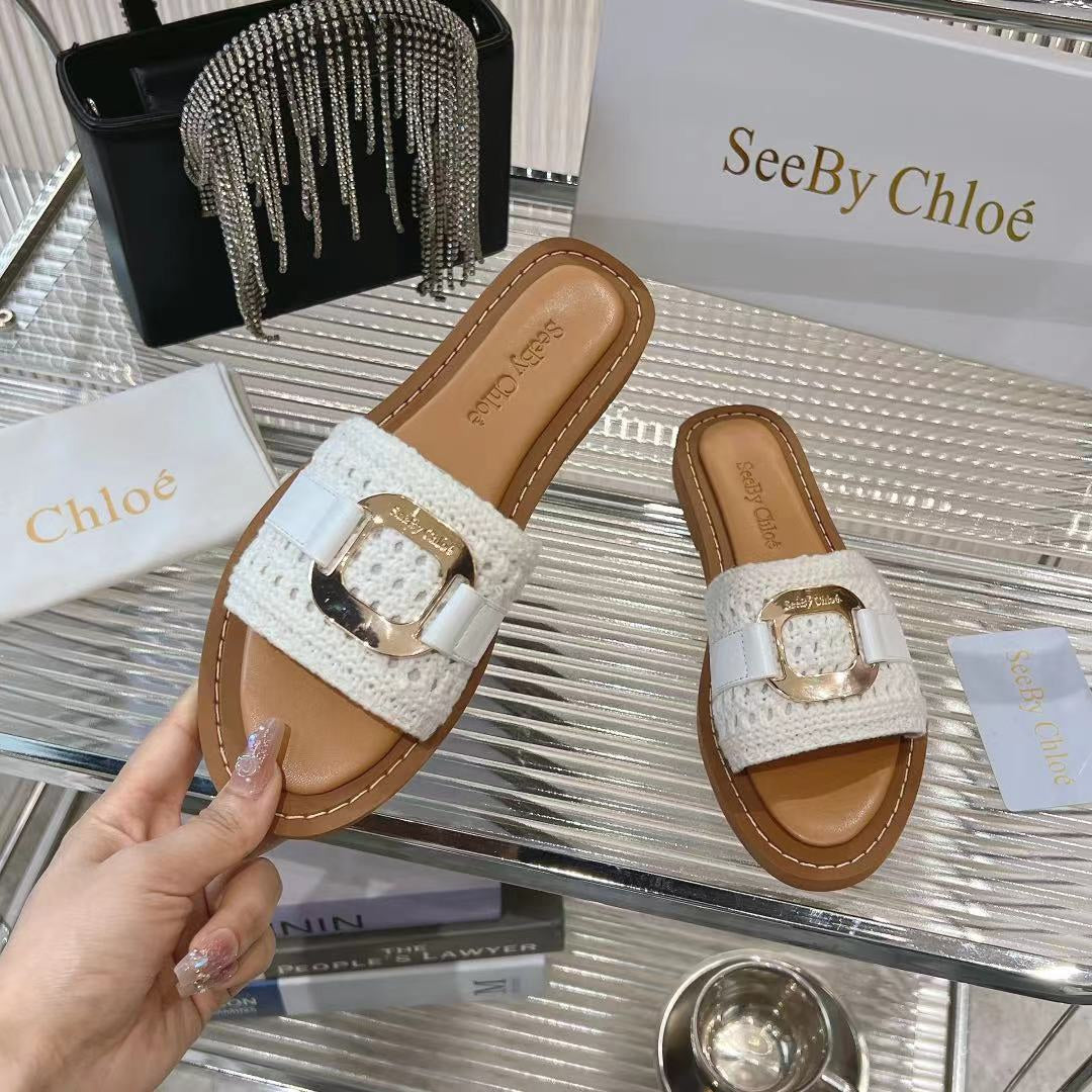 WOVEN SLIDE MULE IN WHITE WOOL AND BROWN LAMBSKIN GOLD HARDWARE