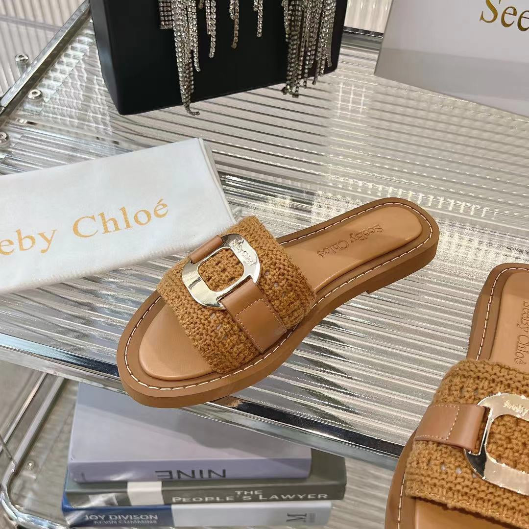 WOVEN SLIDE MULE IN RUSSET BROWN WOOL AND LAMBSKIN GOLD HARDWARE