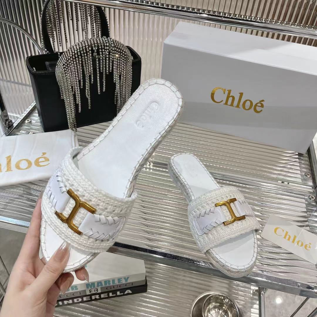 WOVEN SLIPPER IN WHITE WOOL AND LAMBSKIN GOLD HARDWARE