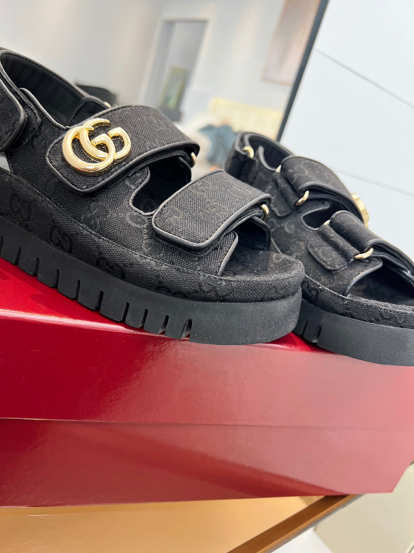 VELCRO STRAP SANDALS IN BLACK MONOGRAM CANVAS GOLD HARDWARE