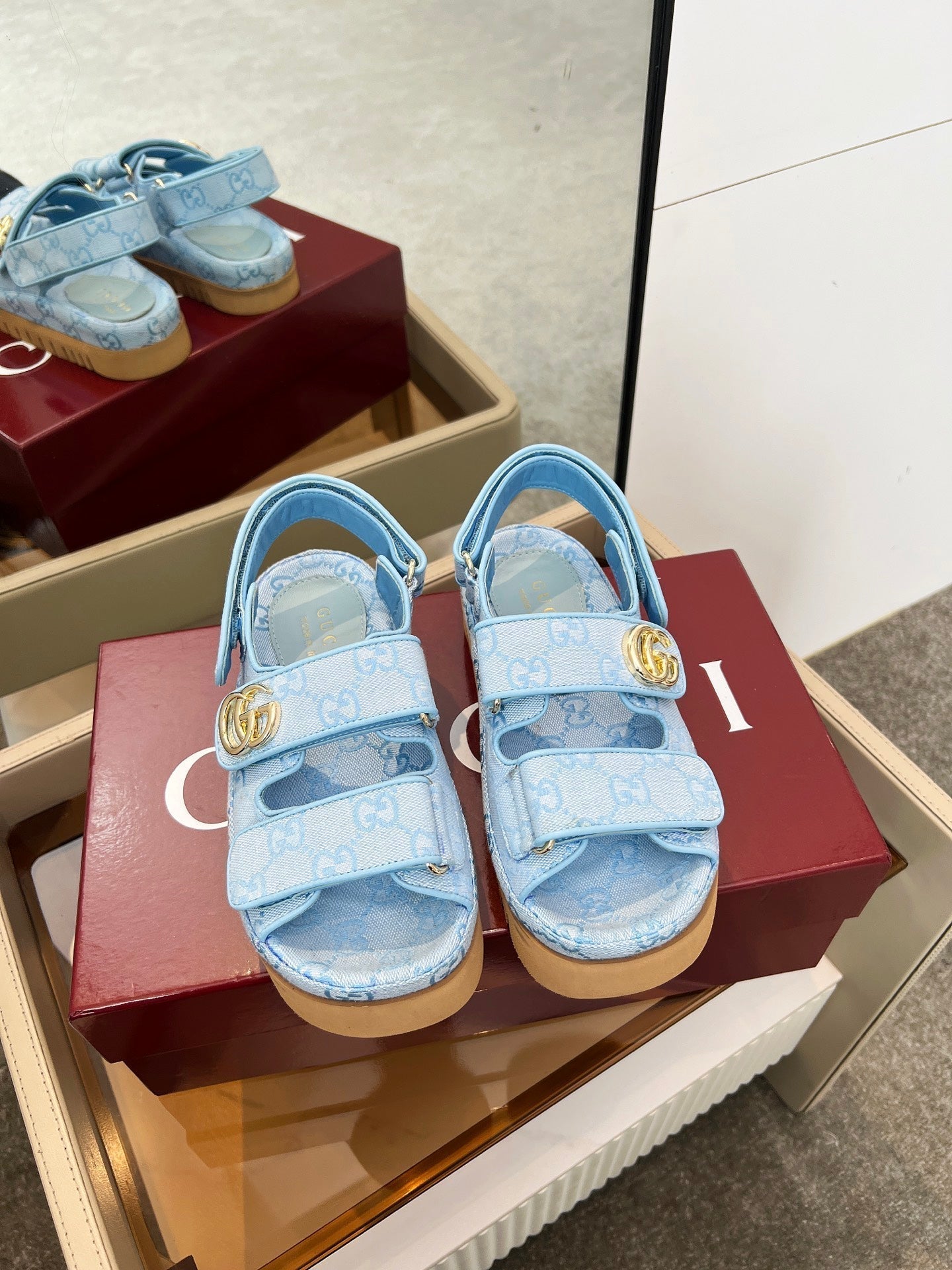 VELCRO STRAP SANDALS IN SKY BLUE MONOGRAM CANVAS GOLD HARDWARE