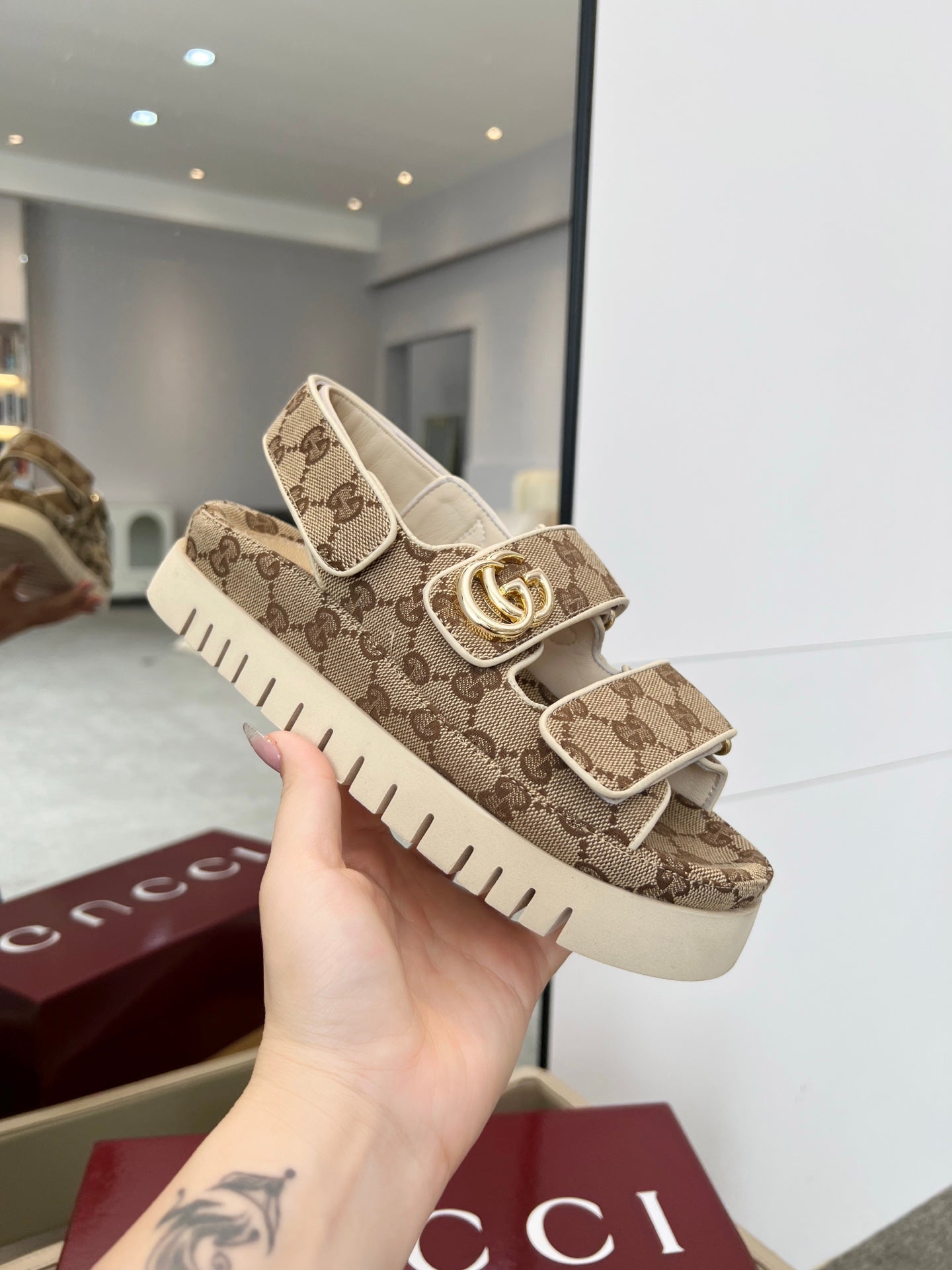 VELCRO STRAP SANDALS IN BEIGE AND DARK BROWN MONOGRAM CANVAS GOLD HARDWARE