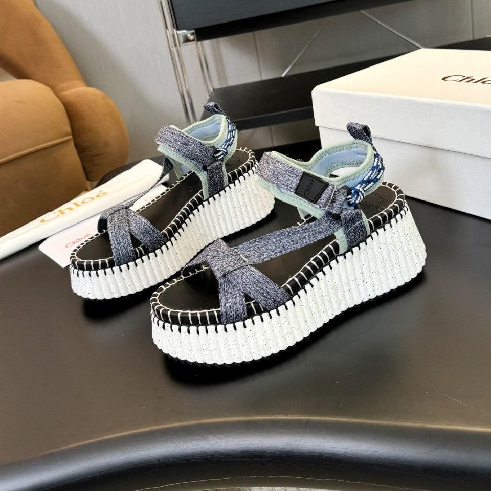 NAMA WEDGE SANDALS IN GREY FABRIC AND WHITE RUBBER